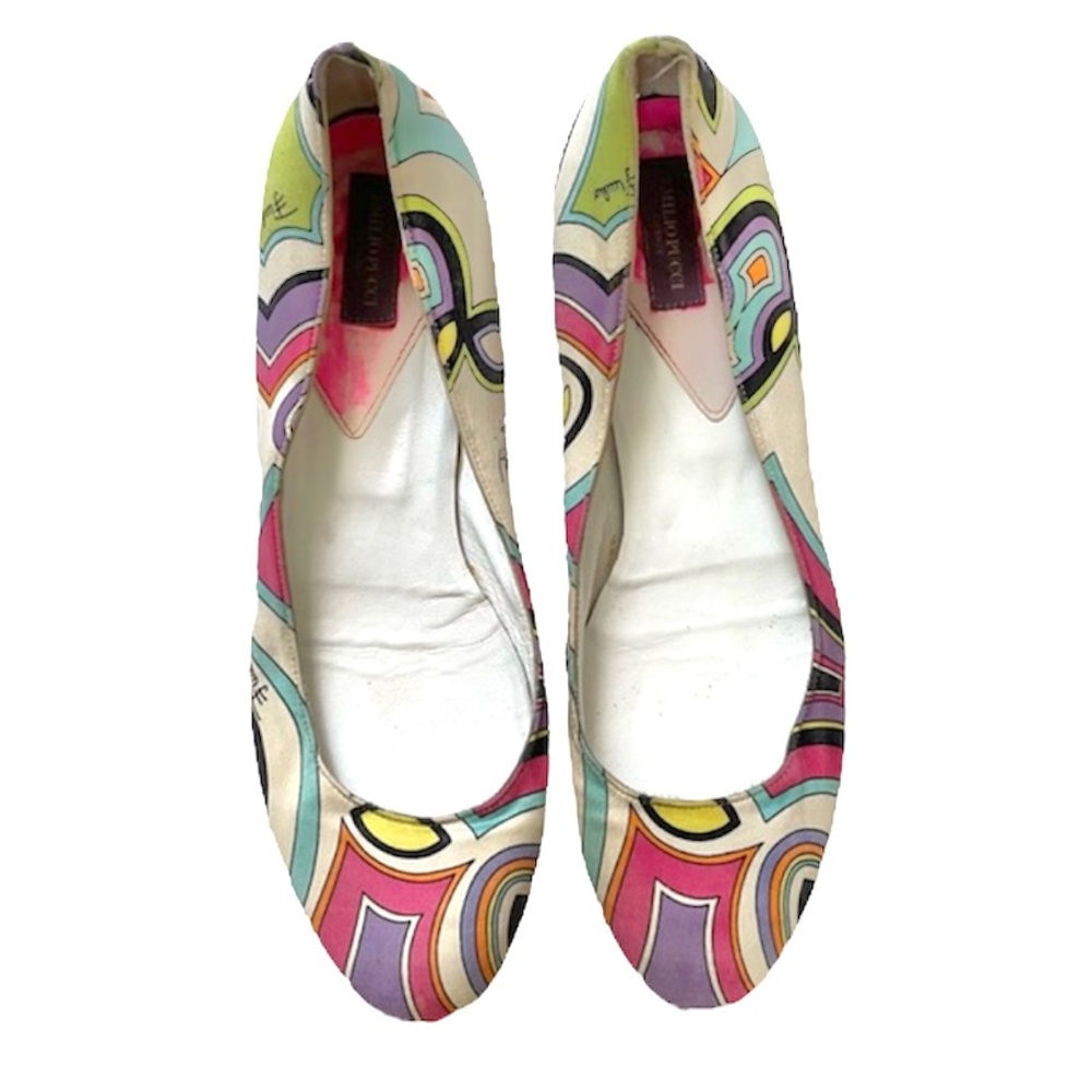 Vintage Emilio Pucci multi color round toe satin leather ballet flats